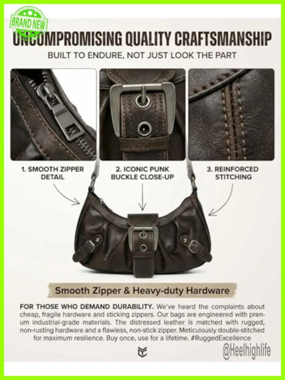 Y2K Small Shoulder Bag Hobo Purse Goth Punk Crescent Handbag Underarm Clutch